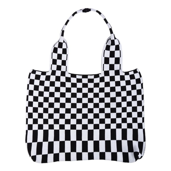 Wxqbjtam Chic Checkerboard Women Girls Knitted Shoulder Bag Casual Tote Black White