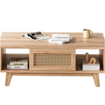 JERFIT Modern Square Coffee Table with Rattan Drawer, Mid Century Storage Table for Living Room, Natural Engineered Wood Console Table with Solid Wood Legs