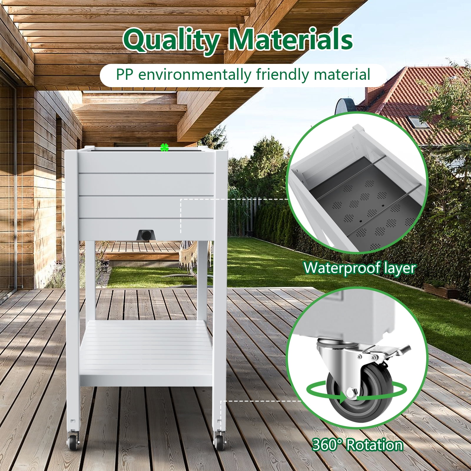 Joxxoaa Raised Garden Bed with Legs,Self-Watering Resin Planter Box with Lockable Wheels Drainage Plug and Gauge for Vegetables, Flowers, Storage Shelf for Tools and Accessories (White)
