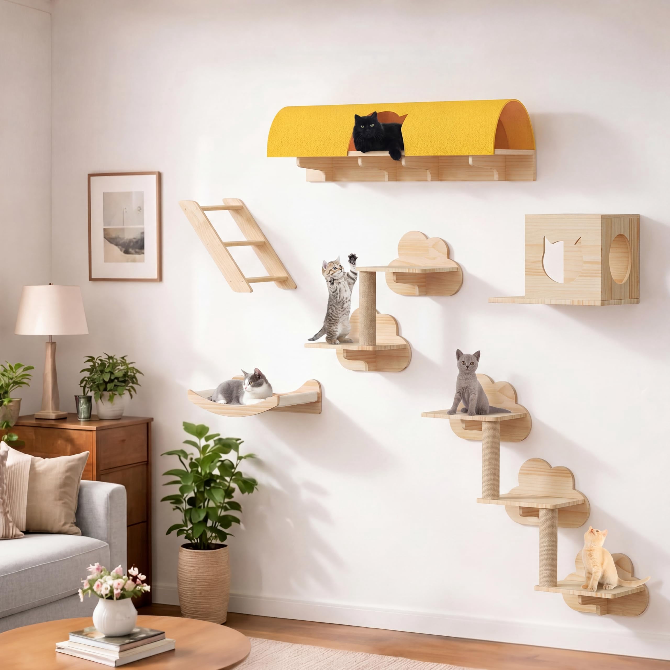 Cat Wall Shelves With Tunnel  12-in-1 Solid Wood Mounted Furniture Cave & Steps Multi-level Climbing Systems Space Saving Floating