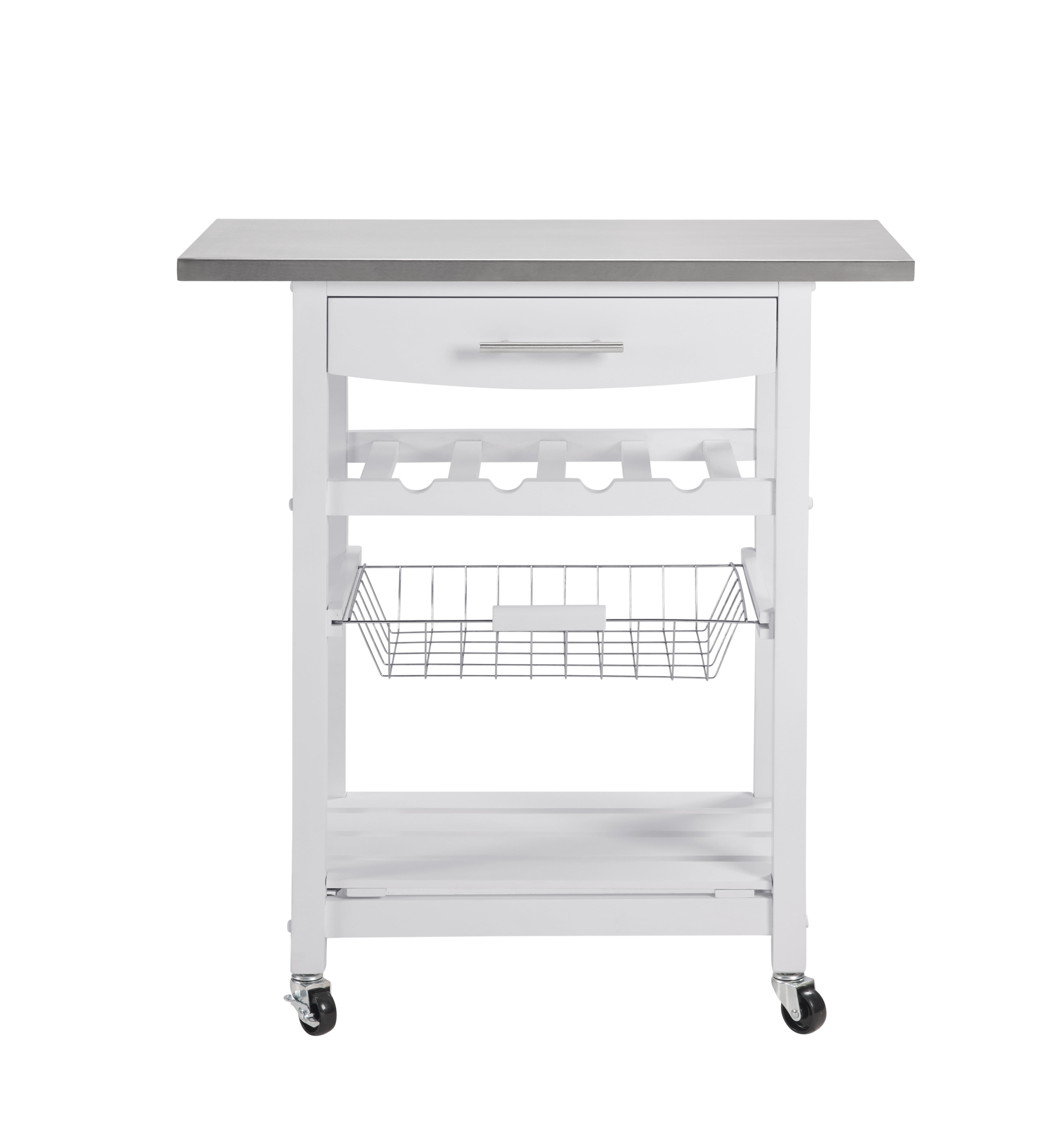 MAYEERTY Mobile Rolling Kitchen Island with Stainless Steel Work Surface, Drawer & Storage Basket