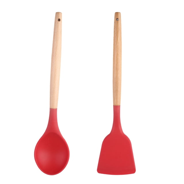 Los utensilios de cocina antiadherentes del silicón fijaron con la manija de madera dura natural del acacia, 2 pedazos, sin BPA