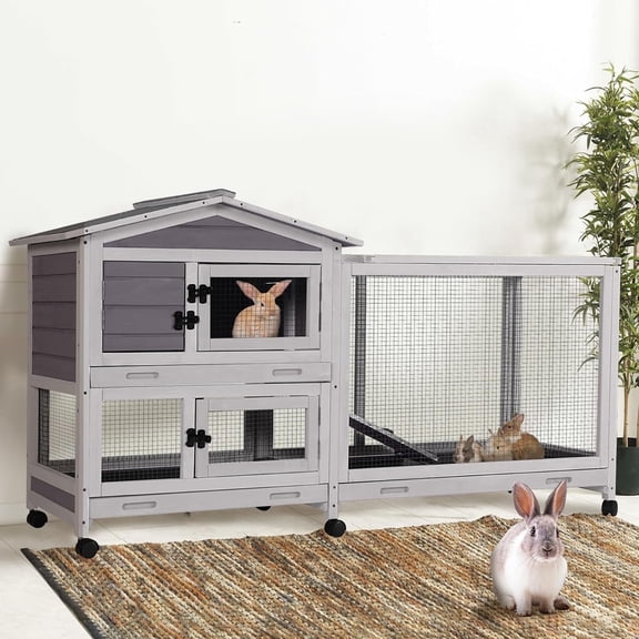 Aivituvin 2-Story Rabbit Hutch Indoor Large Bunny Cage with Chew-Proof Ramp - Wooden Rabbit Cage Outdoor with 6 Lockable Caster Wheels & Dual Pull-Out Trays for Rabbits, 62"L x 22.6"W x 33.5"H (Grey)