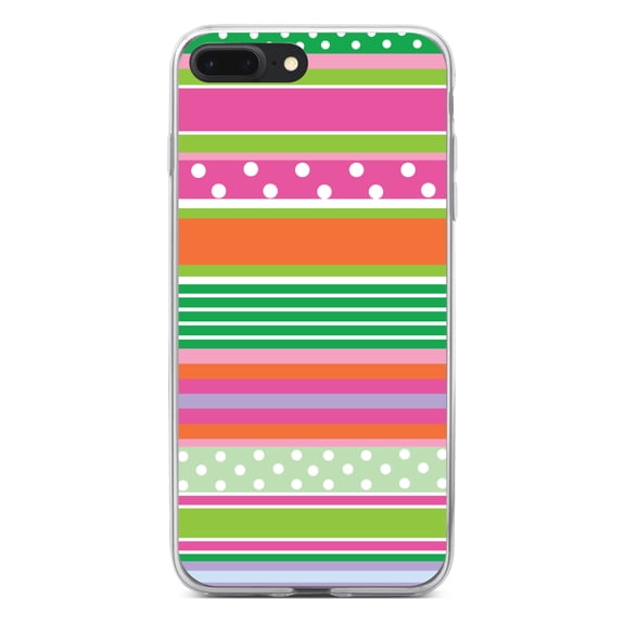 DistinctInk Clear Shockproof Hybrid Case for iPhone 7 PLUS / 8 PLUS (5.5" Screen) - TPU Bumper, Acrylic Back, Tempered Glass Screen Protector - Green Pink White Stripes Polka Dots