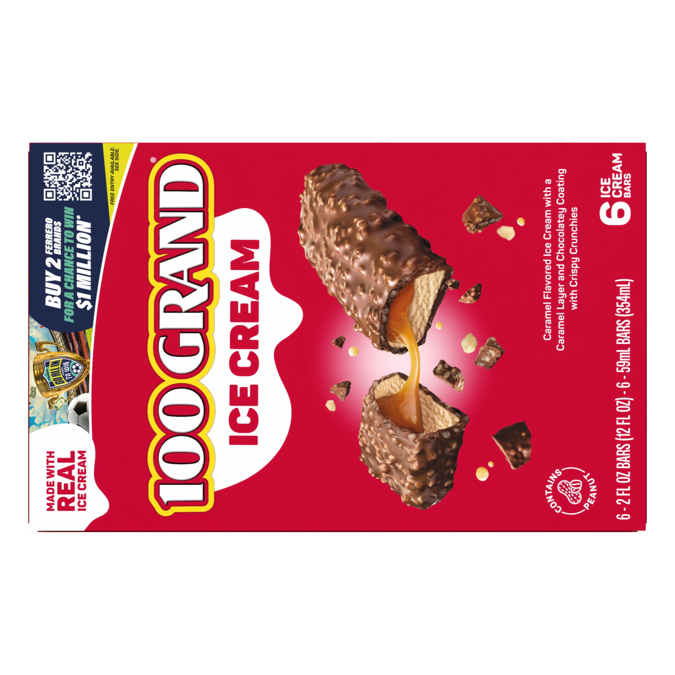 100 Grand Ice Cream Bars with Caramel, Crispy Crunchies & Chocolatey Coating, 6 pack, Frozen Dessert