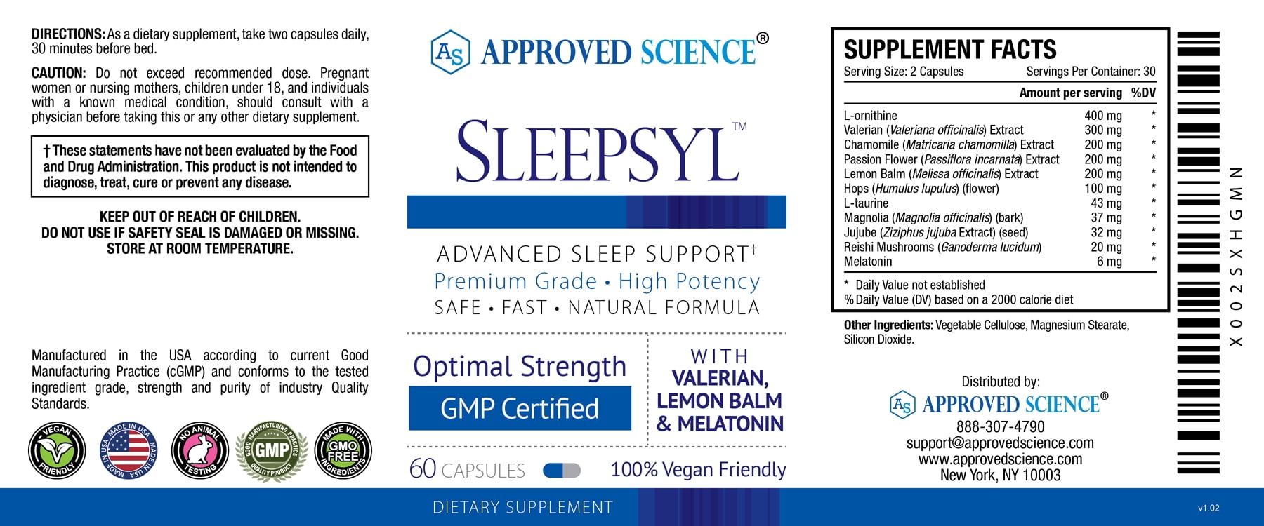 Approved Science Sleepsyl - Sleep Supplement - Valerian Root, Lemon Balm, Melatonin, Chamomile, L-Ornithine - Vegan, 60 Capsules (Pack of 3)