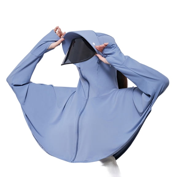 Domuza Women's Upf 50 Sun Hoodie Shirts with Mask and Brim Long Sleeve Solid Tshirts Summer Trendy Uv Protection Ice Silk Sunscreen Blouses Blue One Size