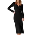 thumbnail image 1 of Vestido midi ajustado de manga larga y cuello en V de punto acanalado para mujer: vestido informal de punto para otoño/invierno, 1 of 5