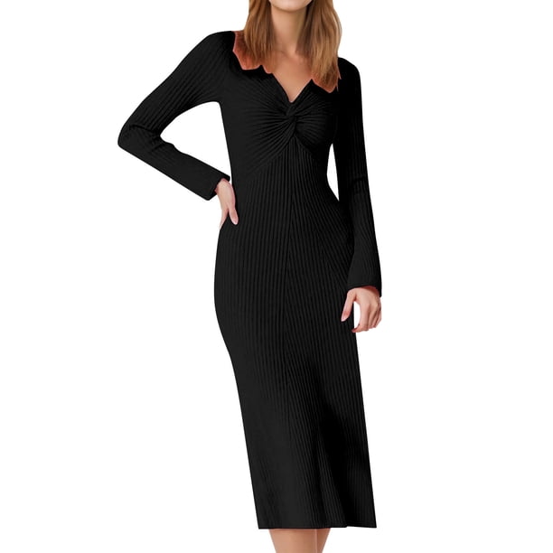 Vestido midi ajustado de manga larga y cuello en V de punto acanalado para mujer: vestido informal de punto para otoño/invierno