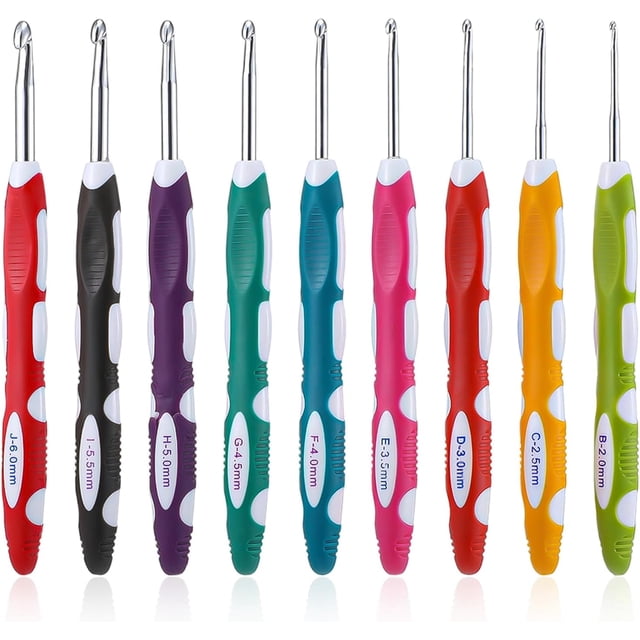 Set of 9 hooks, US sizes B to J (2.0mm–6.0mm), ergonomically designed with soft, comfortable handles and extra-long, smooth hooks, suitable for arthritis sufferers and beginners.,Multicolor