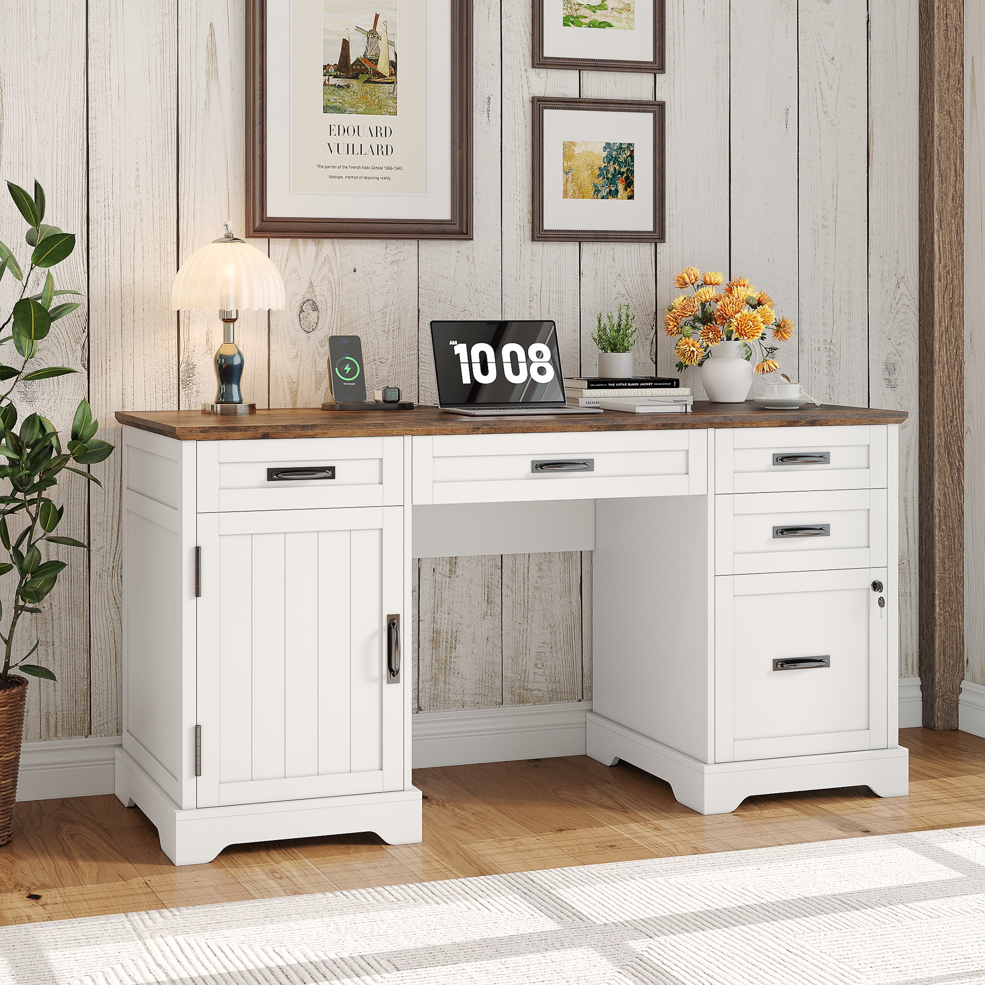 Executive Desk with File Drawers, 55'' Farmhouse Desk Modern for Adult Home Office, White