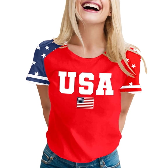 Bibifish Womens 4th Of July Tee Tops Short Sleeve Tees 250 Years Red USA Print Star Raglan Sleeve American Flag Independence Day Tshirts