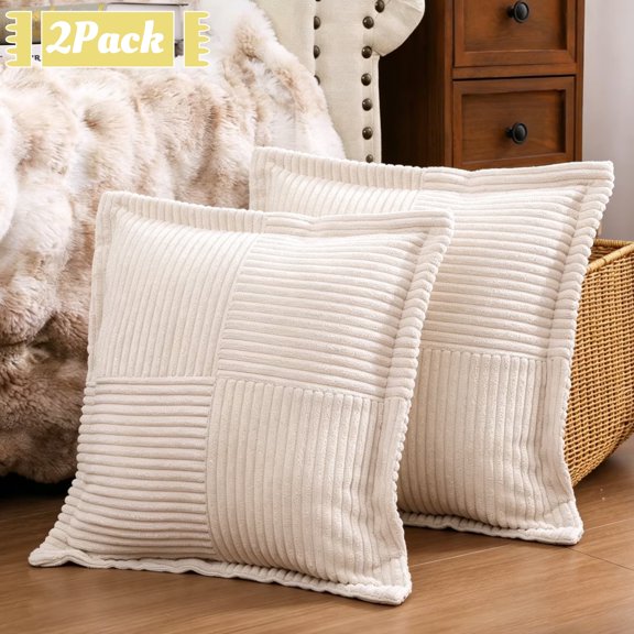 Corduroy Throw Pillows, Yamaziot 18"x18" Decorative Pillow Cushion with Pillow Insert for Sofa, Bed, Living Room, Cream White, 2 Pack