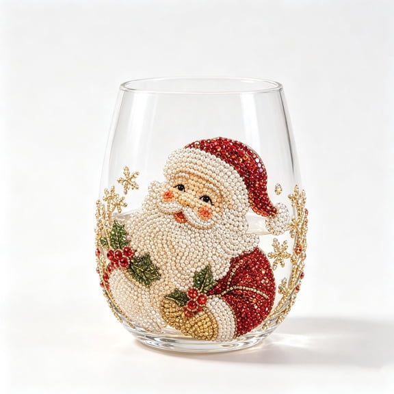6 Pcs Christmas Stemless Wine Glasses Set, Sparkling Rhinestone Beaded Holiday Beverage Tumblers, Santa Tree Snowman Glassware, Festive Xmas Party Drinkware Gift