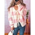 thumbnail image 6 of Women'S Loose Casual V-Neck Long-Sleeved Sweater Jacket Striped Contrast Lace-Up Knitted Cardigan Pink XL, 6 of 8