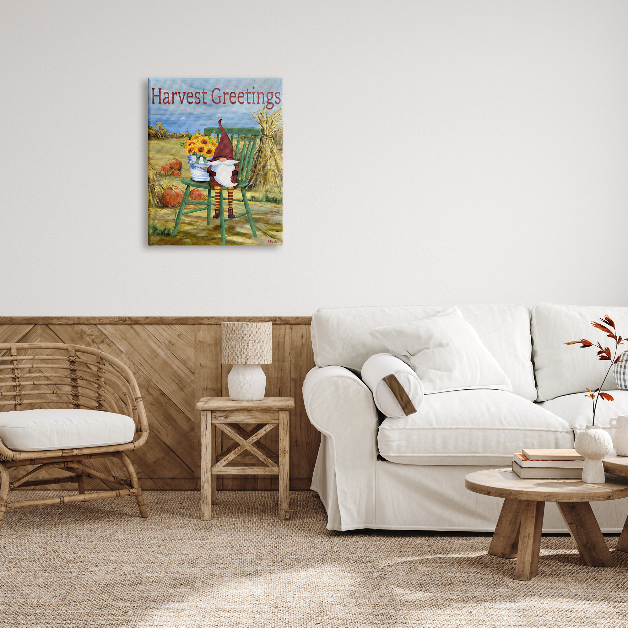 Stupell Industries Harvest Greetings Gnome Landscape Painting Gallery Wrapped Canvas Art Print Wall Art, 24 x 30
