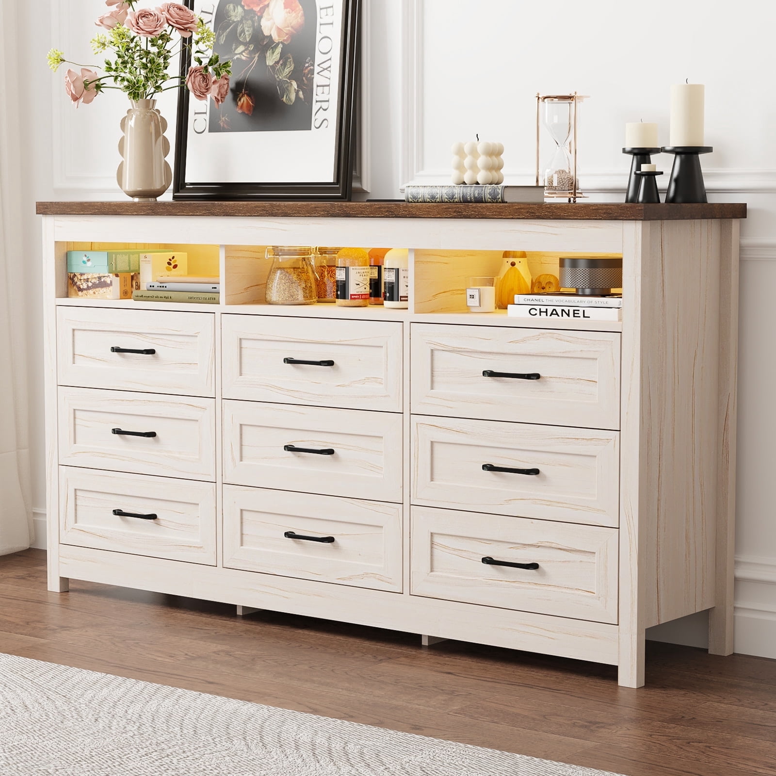 ANPOO Farmhouse 9 Drawers Dresser with LED Lights & Power Outlet, 63" Wide Large Chest of Drawers with Storage Organizer/60000 Colors Light, Modern Wood Dresser for Bedroom, Living Room, Hallway