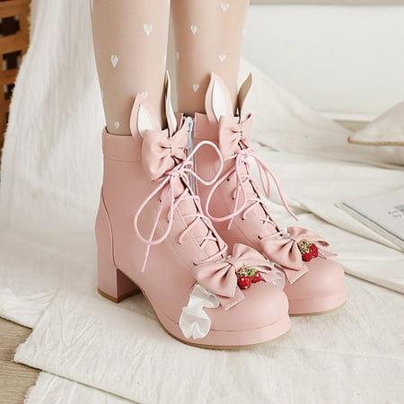 

ZMHEGW Women Boots Solid Color Round Toe Middle Heel Thick Heel Lace Up Buckle Large Boots Shoes