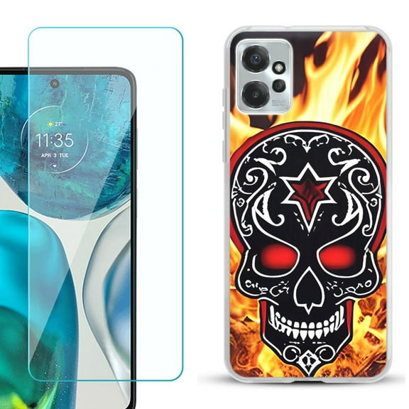 OneToughShield ® for Motorola Moto G Power 5G 2023 Shockproof Fashion Phone Case, with Tempered Glass Screen Protector - Skull Flames