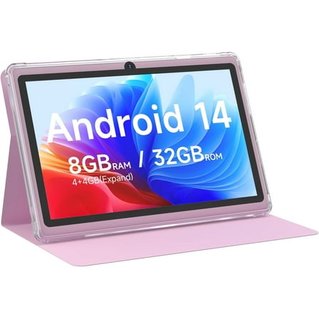 Android 14 Tablet 7 inch Tablets with Case, 8GB RAM 32GB ROM 1TB Expand, Quad-Core Processor Tablet PC, 1024 x 600 IPS Screen, Dual Camera, 3000mAh Battery, Bluetooth, WiFi, GMS, Widevine L1, Pink