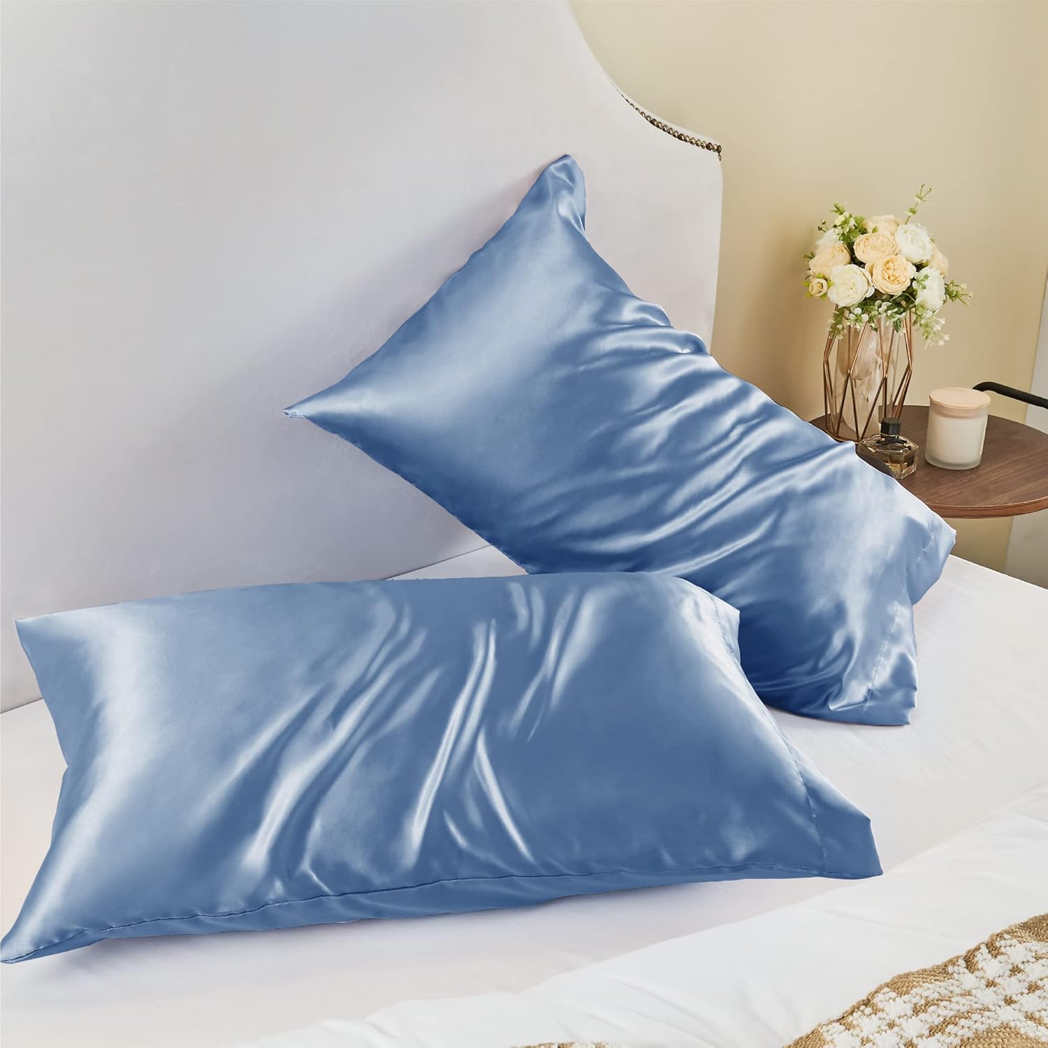 Satin Pillowcase for Hair and Skin, Super Soft and Cooling Similar to Silk Pillow Cases 2 Pack with Envelope Closure, Gift for Women Men(20"x26" Standard Size, Airy Blue)