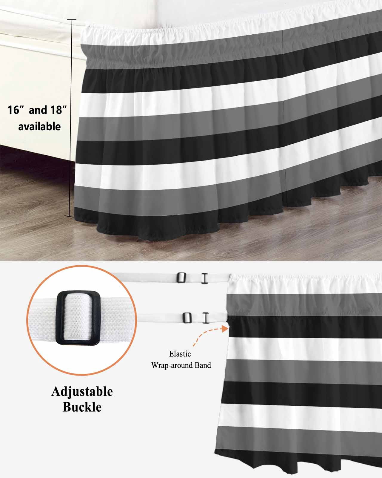 Grey Black White Striped Wrap Around Bed Skirts for Queen Bed 16" Drop, Bed Skirt with Adjustable Elastic Belt Dust Ruffle Bed Valance for Bedroom Hotel Luxury Farmhouse Stripes Bed Frame Cover