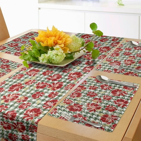 

Floral Table Runner & Placemats Vintage Classic with Scottish Houndstooth Vivid Rose Florets Feminine Pattern Set for Dining Table Placemat 4 pcs + Runner 12 x90 Hunter Green Ruby by Ambesonne