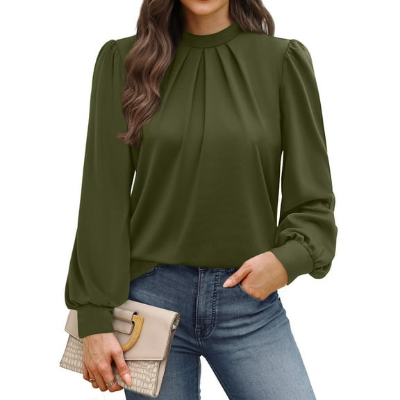 WTOBBY Women's Fashionable Elegant Top with Chest Pleated Detail and Stand Collar, Long Sleeve Solid Color Design, Perfect for Stylish Outfits and Formal Casual Wear,Army Green L