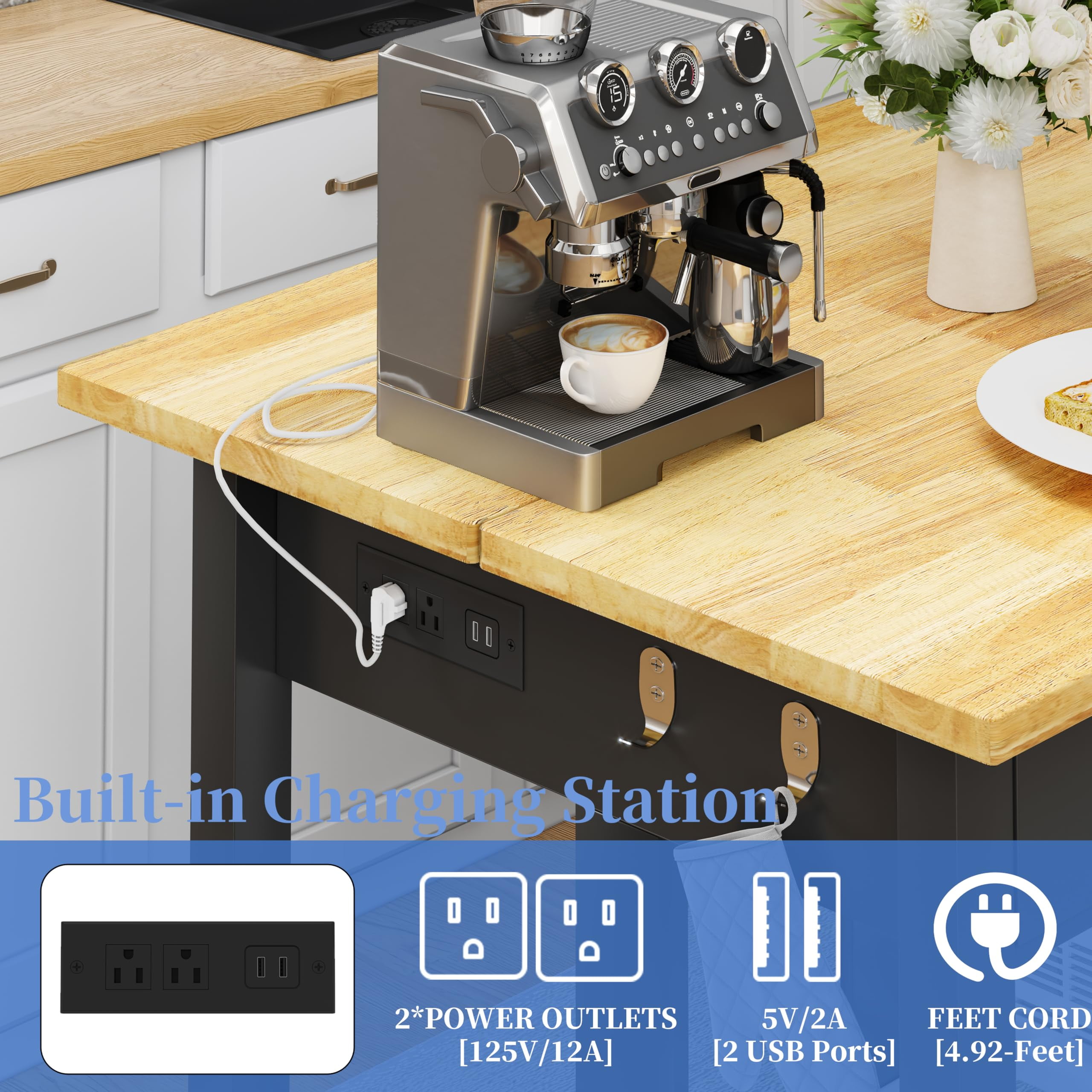 ChicZhiNest Kitchen Island with Storage, 60" Solid Rubberwood Top Kitchen Island with Power Outlet and 6 Hooks, Black