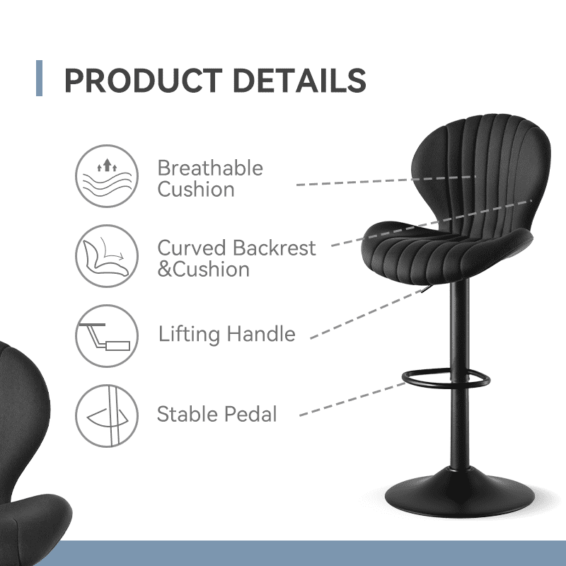 MOONMISS Modern Adjustable Bar Stool Faux Leather Bar Stool, Black(Set of 2)