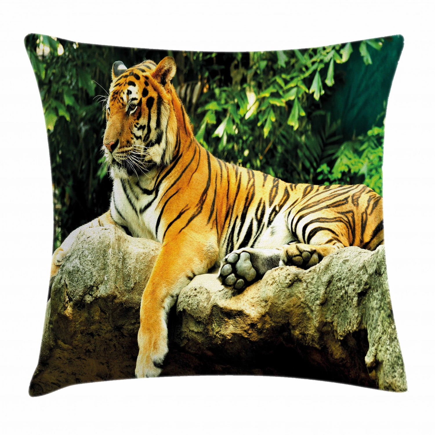 Tiger Throw Pillow Cushion Cover, Resting Feline in the Forest on a
