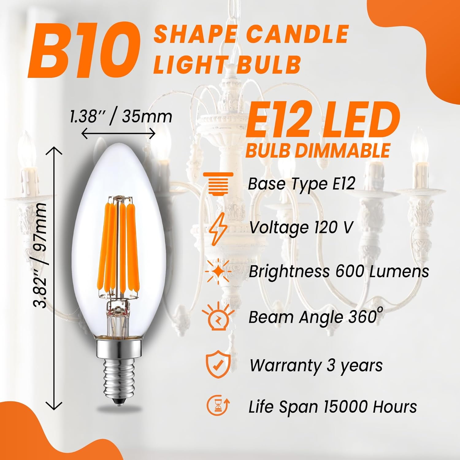 LED 6 Watts (60W Equivalent) 600 Lumens Candelabra Bulb Clear Filament, 2700K, Dimmable, E12 Base, CRI90, CETL Certified (2700k) 6 Pack)