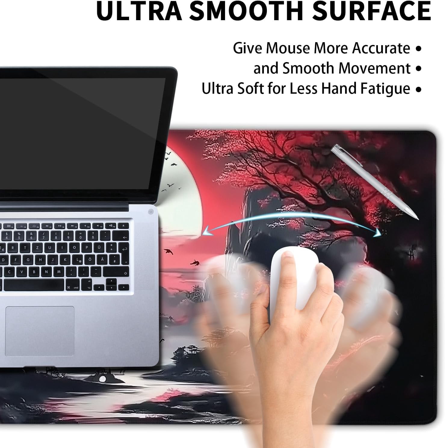 Black Red Japanese Gaming Mouse Pad XXL Moon Sakura Cherry Blossom Extended Big Large Desk Mat Non-Slip Rubber Base Stitched Edge Long Keyboard Mousepad for PC Computer Laptop,35.4×15.7 in