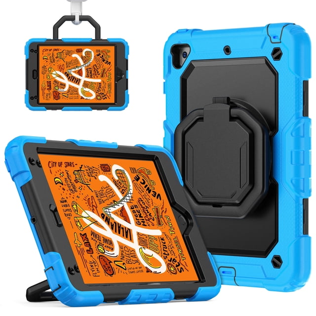 for iPad Mini 5th/4th Generation Case 7.9 inch 2019/2015, 360 Rotating Shockproof Cover with Stand, Handle, Shoulder Strap, Sky Blue