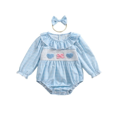 

Infant Baby Girls Valentine s Day Outfit Plaid Heart Bow Romper Ruffle Frill Long Sleeve Smocked Jumpsuits Spring Clothes