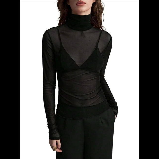 Top de Larga Ajustado de de Color Liso con Cuello Alto para Mujer, Camisa Transparente. Negro S