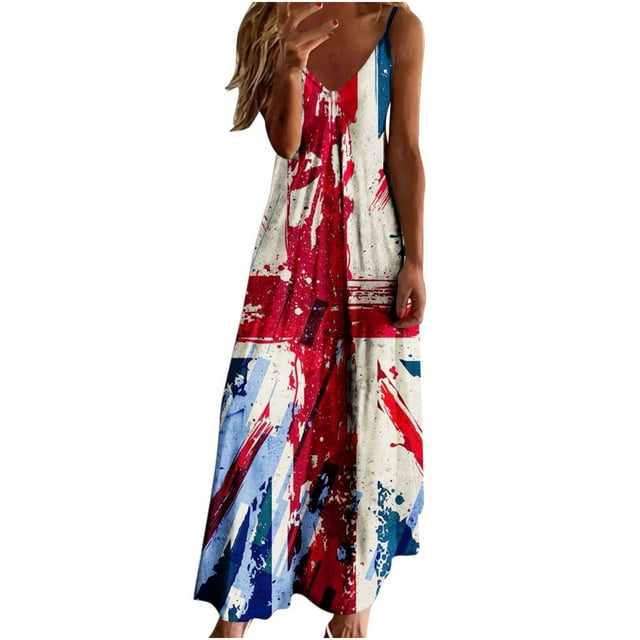 QIPOPIQ Robe Maxi Ample pour Femme à Col en V à Bretelles Spaghetti Sans Manches 4 Juillet Drapeau Américain Longue Robe Longueur au Sol avec Poches