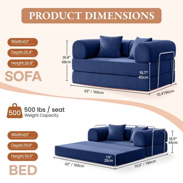 Coolhut 63 inch W Convertible Boneless Sofa Bed, Folding Corduroy Sofa Couch, No Assembly Floor Sleeper Sofa Couch for Living Room, Bedroom, Navy Blue