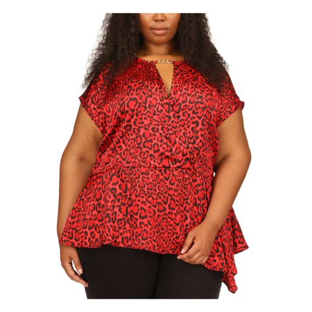 MICHAEL MICHAEL KORS Womens Red Unlined Cut Out Asymmetrical Hem Keyhole Back Animal Print Short Sleeve Round Neck Peplum Top Plus 2X