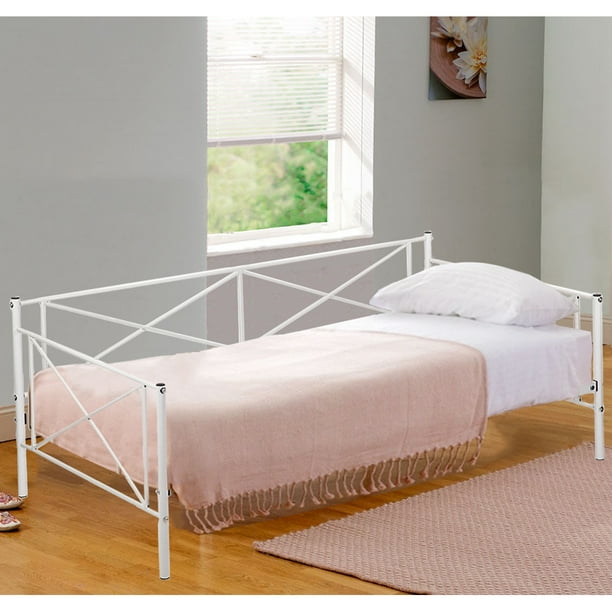 Twin Size Contemporary White Metal Day Bed Frame With Slats Sturdy