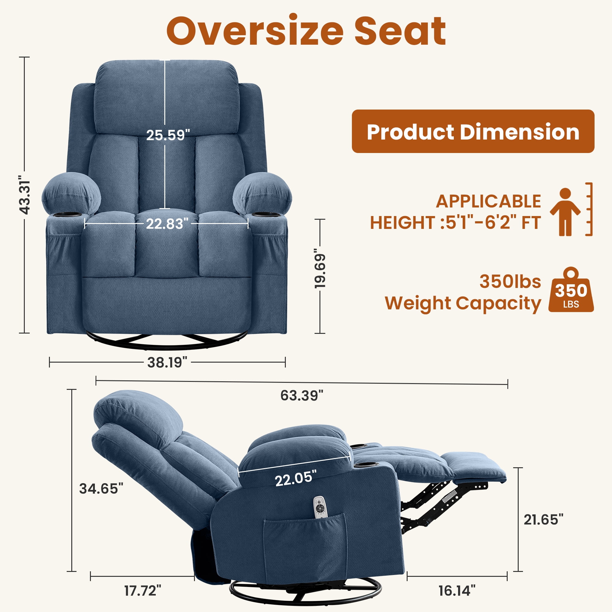 Alvantor Swivel Recliner Chair with Massage & Heat for Adults, Single Rocker Sofa with Cup Holders for Bedroom Home Theater Blue
