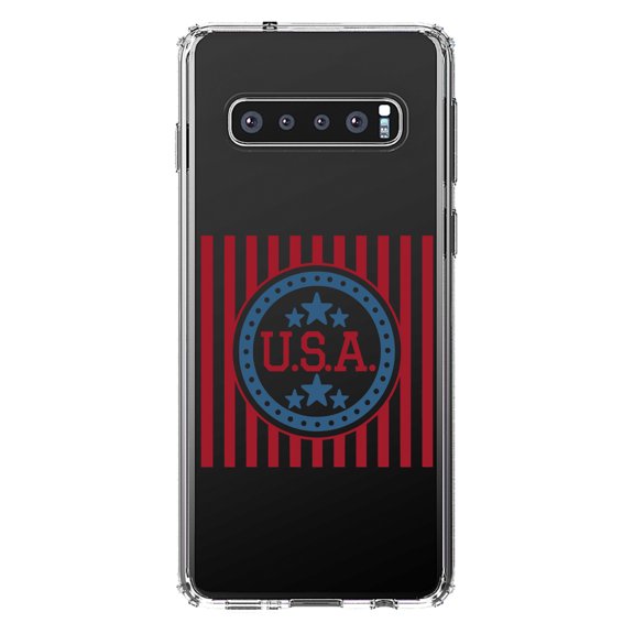 DistinctInk Clear Shockproof Hybrid Case for Samsung Galaxy S10 (6.1" Screen) - TPU Bumper Acrylic Back Tempered Glass Screen Protector - USA Banner Flag Red White & Blue