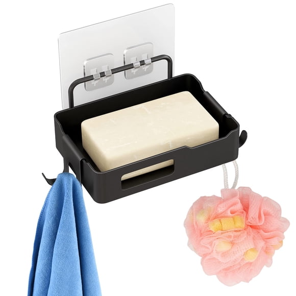 Rustproof Black Stainless Steel Soap Holder – Wall Mounted No-Drill Installation – 2 Integrated Hooks & 4 Adhesive Hooks – Drainage Design – Ideal for Bathroom, Shower, Kitchen – Color: 2