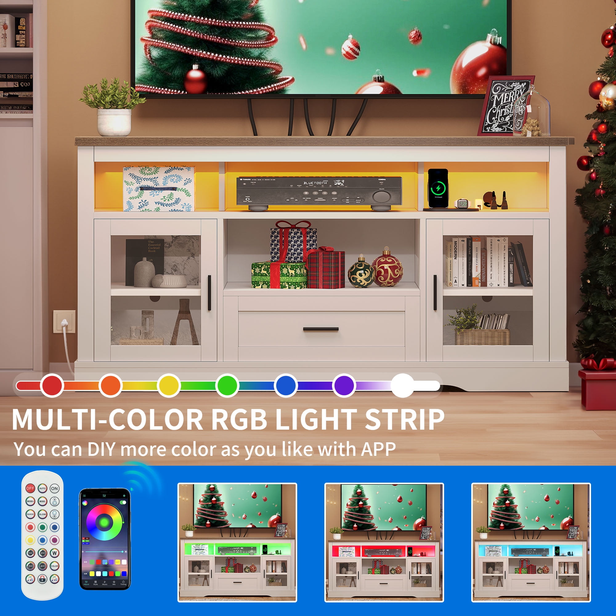 Dextrus LED TV Stand for TV up to 65", Highboy Entertainment Center w/Outlets & USB Ports, White