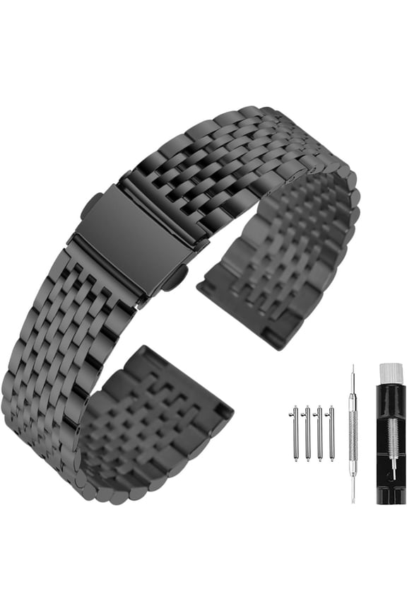 20mm 22mm Metal Watch Bands for Men Women 9-Beads Quick Release Polished Watch Bracelet Slim Tapered Stainless Steel Watch Bands with Push Button Deployant Clasp Adjustable
