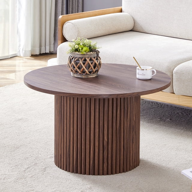 27.5" Round Wood Grain MDF Coffee Table, Roman Column Edge with Integrated Metal Frame, Retro Light Luxury Style for Home Living Room Space