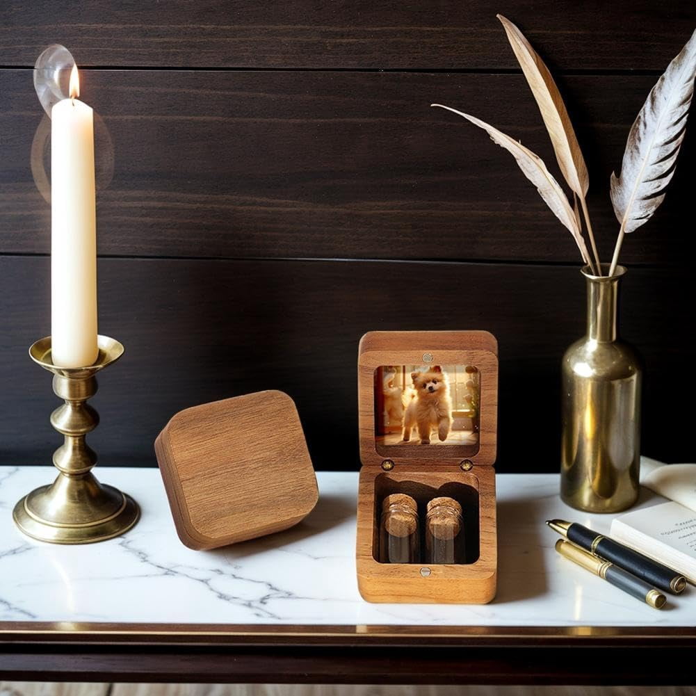 Customized Wooden Box for Ashes - Small Glass Urn for Pets Ashes Keepsake,Personalized Pet Hair Keepsake Box,Wooden Pet Fur Memorial Boxs with Photo,Gifts for Pet Lovers Friends