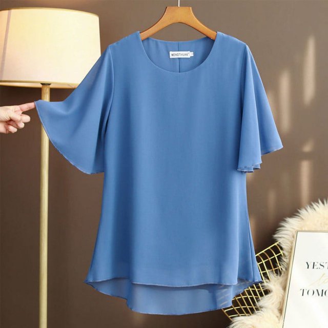 Chiffon Shirt Short-sleeved Women‘s Summer New Round Neck Loose Large T-shirt Base Shirt