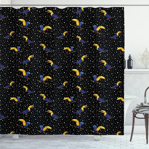 Yellow and Blue Shower Curtain, Tropical Beak Birds Composition on Dotted Night Backdrop, Fabric Bathroom Set with Hooks, 69W X 84L Inches Extra Long, Charcoal Grey and Multicolor, by Ambesonne