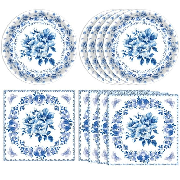 Decoración Floral de Cumpleaños - Vajilla Desechable con Flores Azules y Blancas